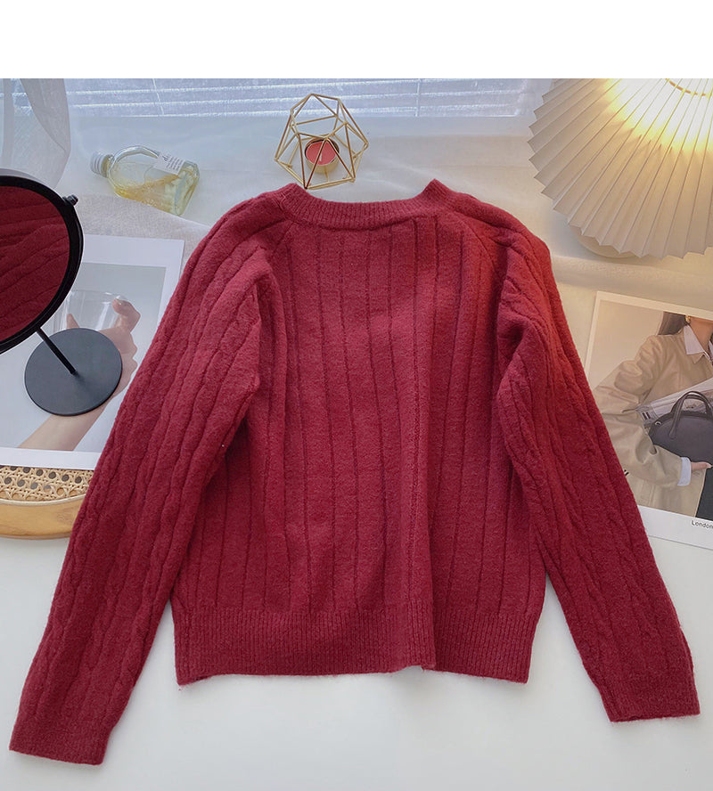 Personalized diagonal button round neck Pullover Top  6108