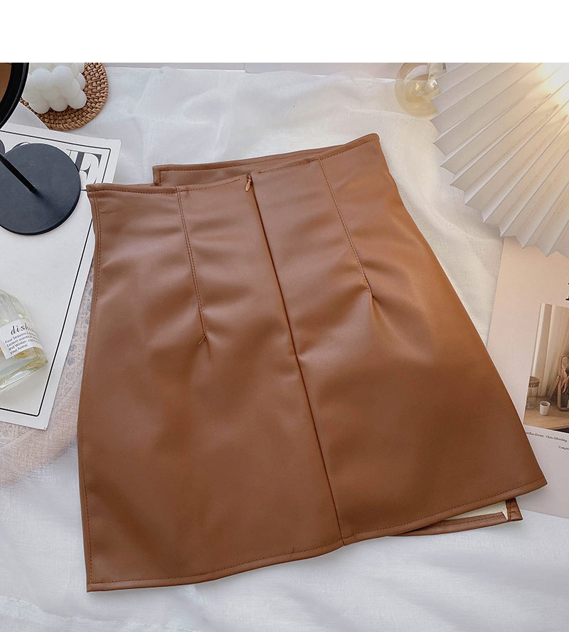 Korean high waist pleated design, irregular, slim, hip wrapped leather skirt  5530