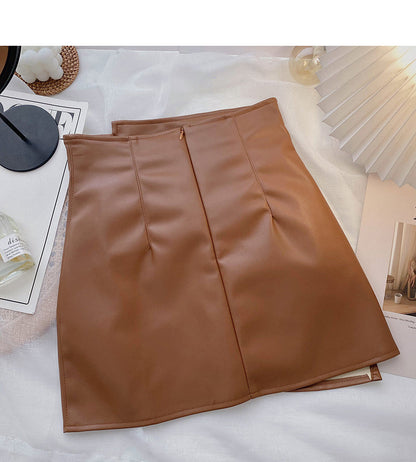 Korean high waist pleated design, irregular, slim, hip wrapped leather skirt  5530
