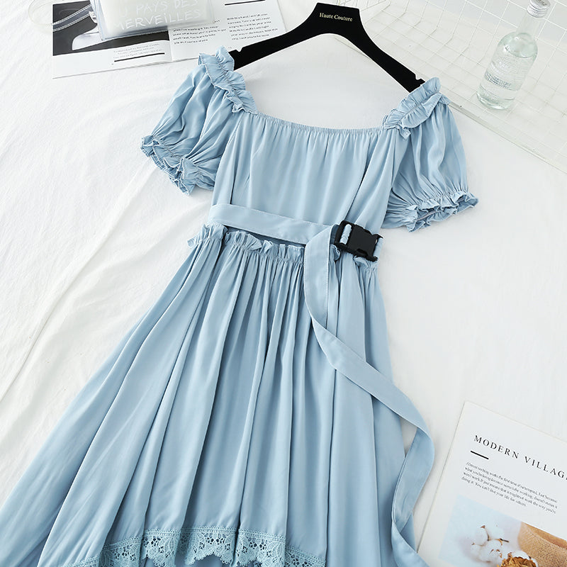 Narrow waist, thin bubble sleeve temperament, sweet white irregular skirt  4194