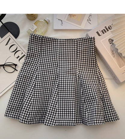 Design sense of niche Hong Kong style high waist thousand bird check skirt  5299
