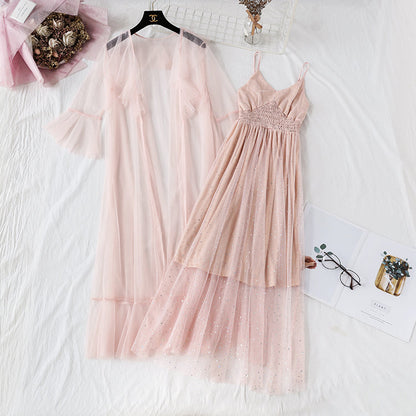 Sequin mesh dress suspender skirt two piece suit  4478