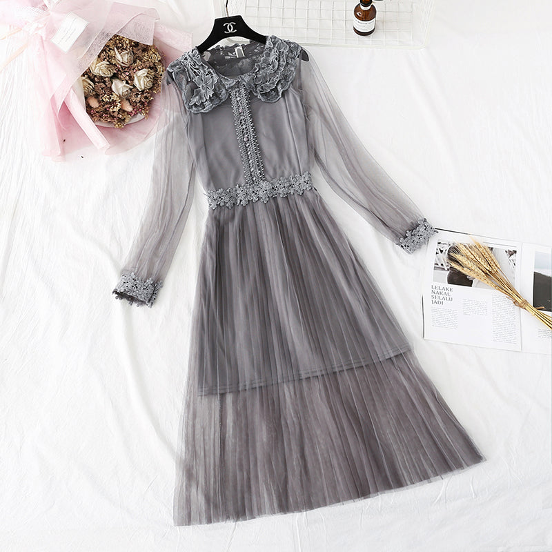 Lace flower mesh suspender dress  4370