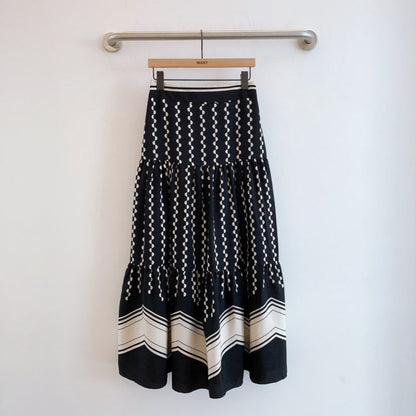 New skirt, stitching retro polka-dot print skirt, wavy pattern high waist long cake skirt  3678