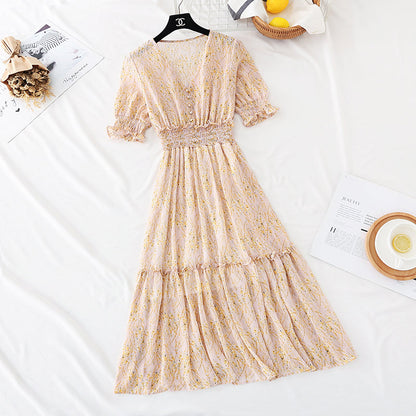 The new waist is slim, Bubble Sleeve Chiffon Skirt, French retro long skirt  4594