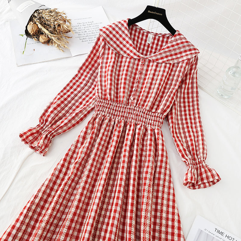 French retro Plaid Platycodon skirt shows thin temperament at the waist  4530