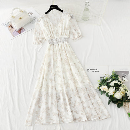 New French gentle V-neck Bubble Sleeve Chiffon fairy skirt  4876