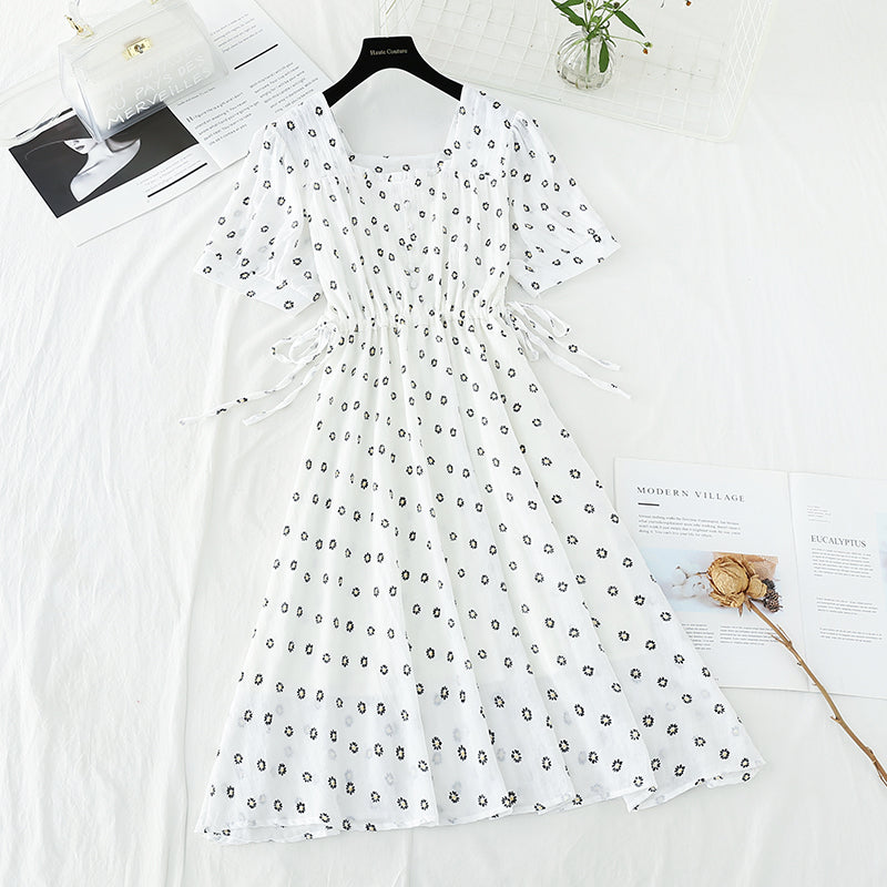 Square neckline Floral Chiffon Skirt French waist closing slim  4665