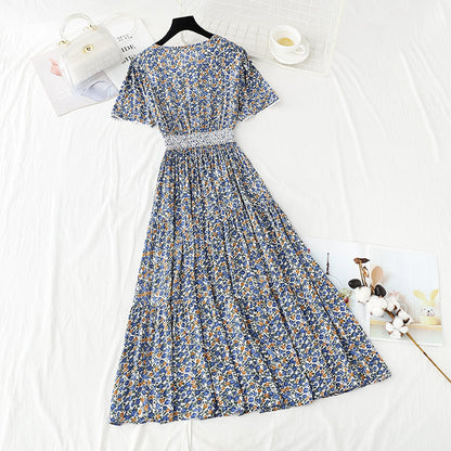 Cotton linen dress female V-neck floral dress waist  4245