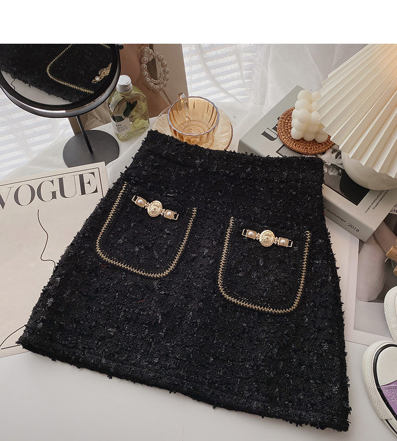 Small fragrant woolen skirt, Hong Kong Style Plaid high waist A-shaped short skirt  5363