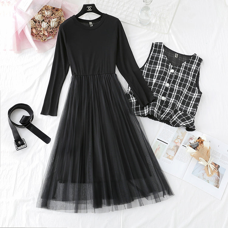Small fragrant Wool Vest bottom mesh skirt suit  3922