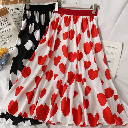 Sweet wind, heart print mid-length skirt, high waist thin A-line skirt  3595