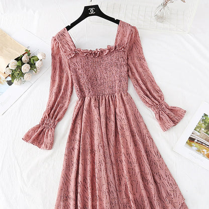 French retro square collar with slim waist and floral long skirt  4022