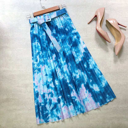 Hot skirt, tie-dyed splashed ink, printed belt, long pleated skirt in the stars  3691