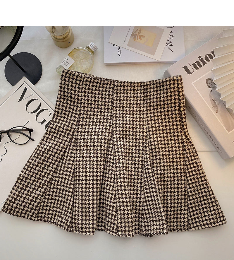 Design sense of niche Hong Kong style high waist thousand bird check skirt  5299