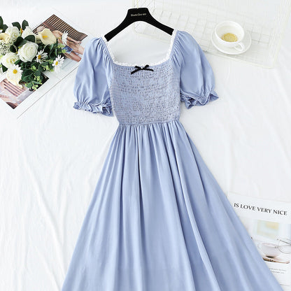 French retro dress square neck bubble sleeve lace edge  4271