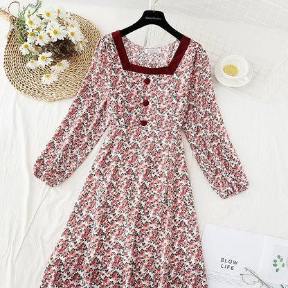French tea break retro square collar niche chiffon long skirt  4836
