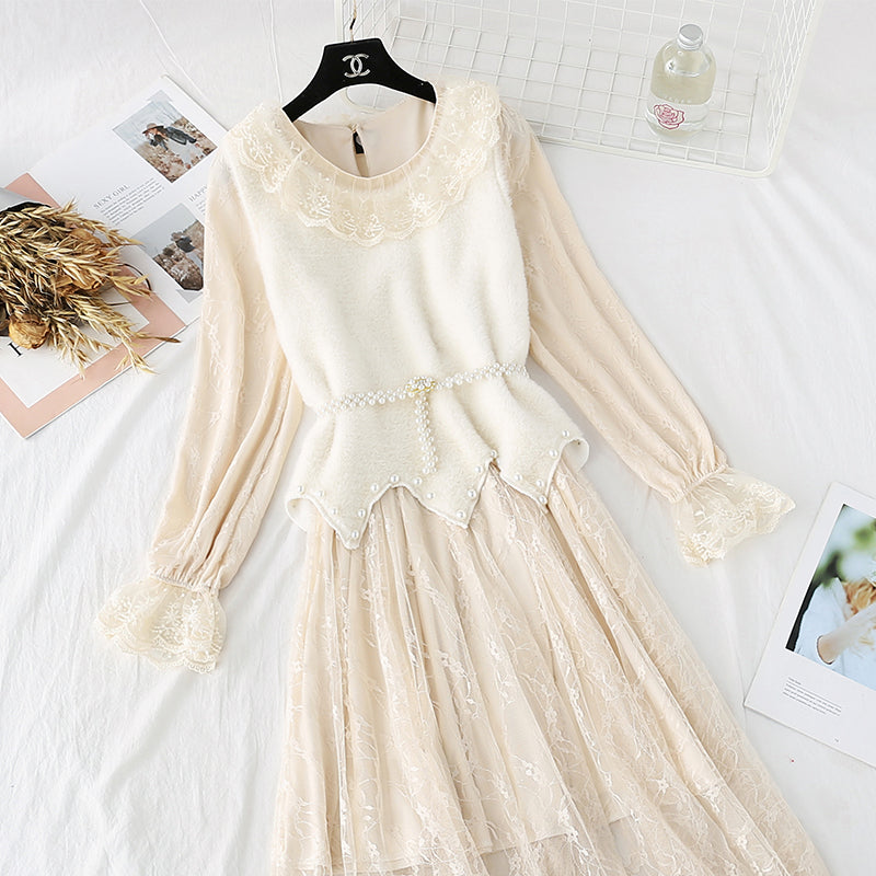 Mink sweater lace with bottomed skirt suit two-piece suit foreign style  4491