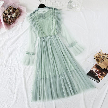 New nail bead lace up French retro super xiansen sweet skirt  4452