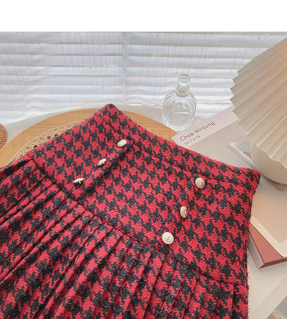 Korean double breasted design retro fashion thousand bird pleated skirt  5413