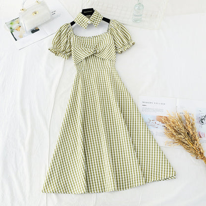 Narrow waist, thin temperament, bubble sleeve design, minority French retro plaid skirt  4214