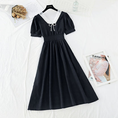 New style pearl square neck skirt with slim waist French dress  4670