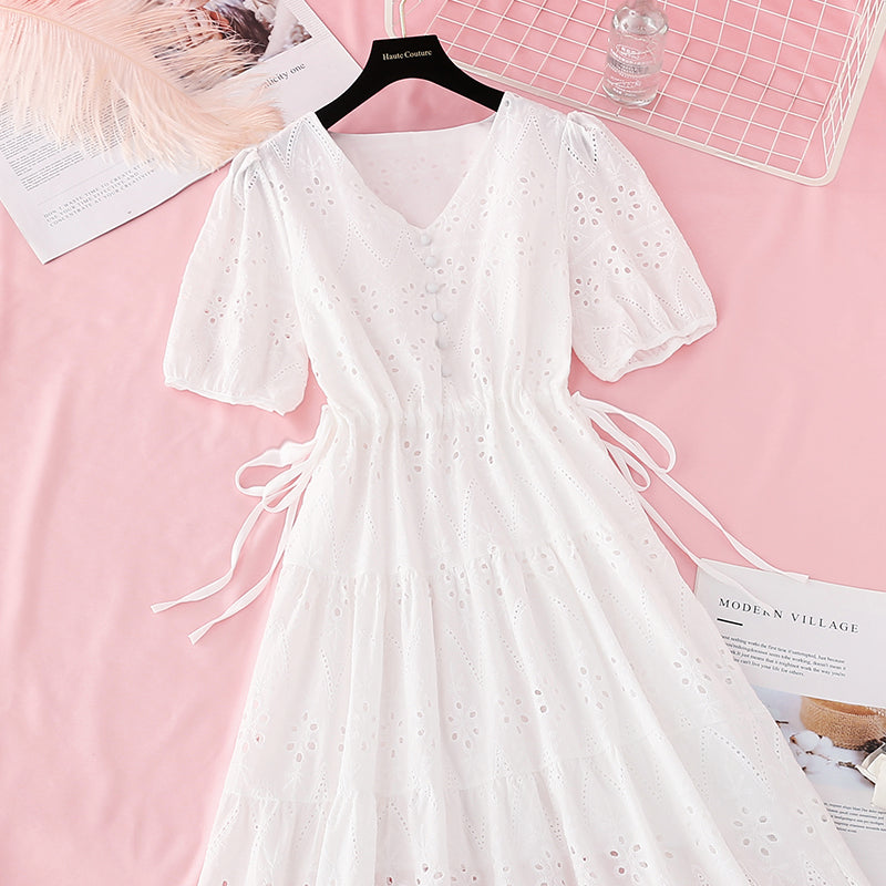 Hook embroidery French retro waist closing long skirt with thin temperament  4221