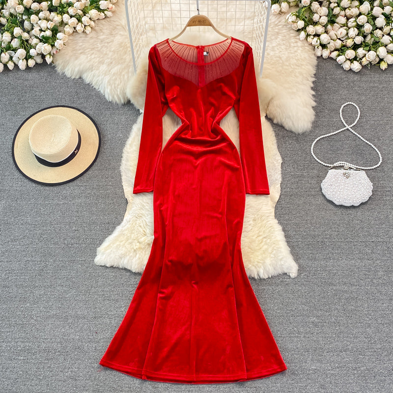Long sleeve slim slim velvet fishtail buttock dress  3753