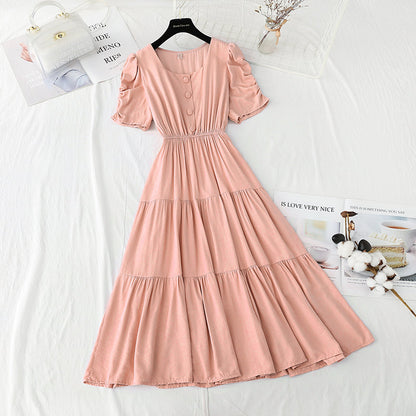French square neck bubble sleeve fairy skirt with thin temperament  4241