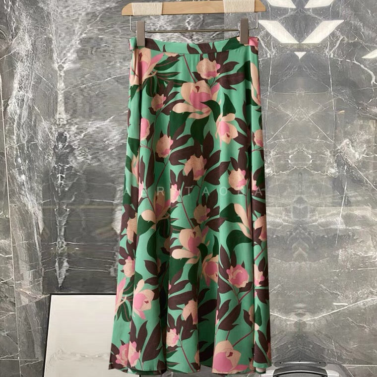 Floral printed skirt, heavy silk A-line skirt, midi skirt  3634
