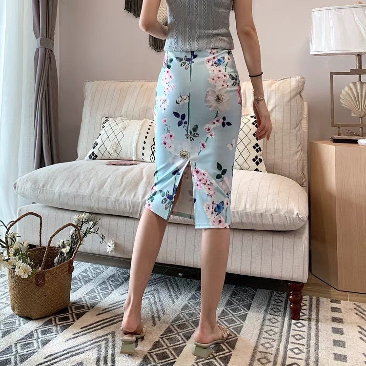 Summer, new style, preppy style, high Fanny hip skirt, split print skirt, stretch bodycon skirt  3540