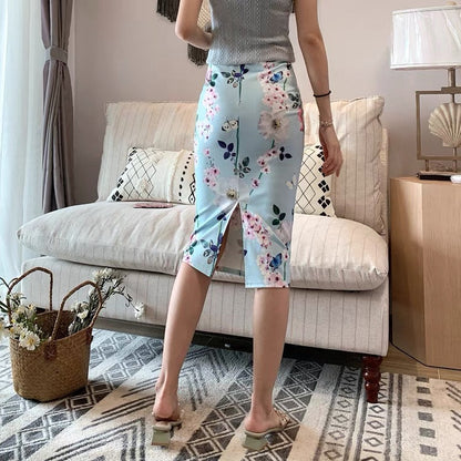 Summer, new style, preppy style, high Fanny hip skirt, split print skirt, stretch bodycon skirt  3540
