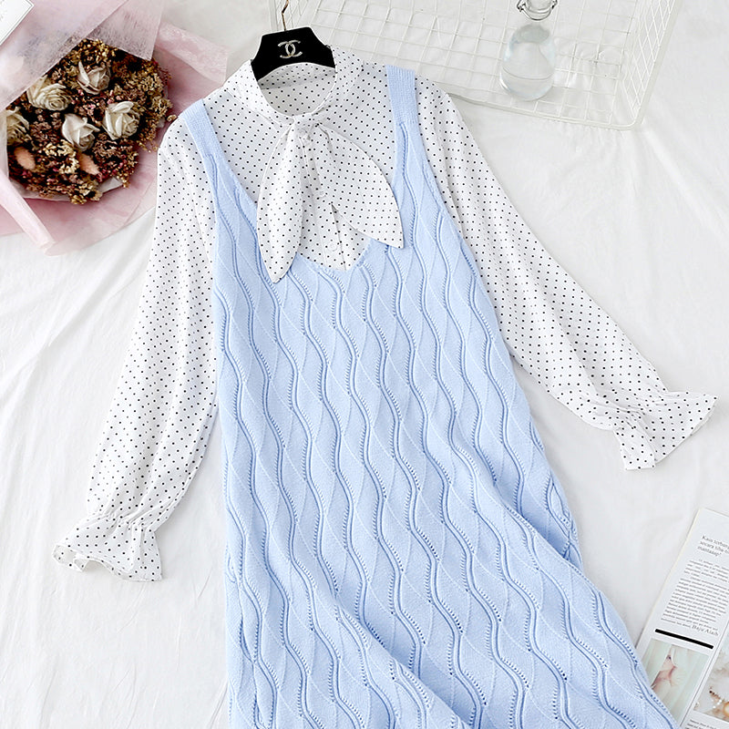College storm point skirt + knitted vest two-piece suit female  3854