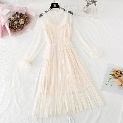 New suspender pleated long skirt fairy super fairy series French Retro  4025