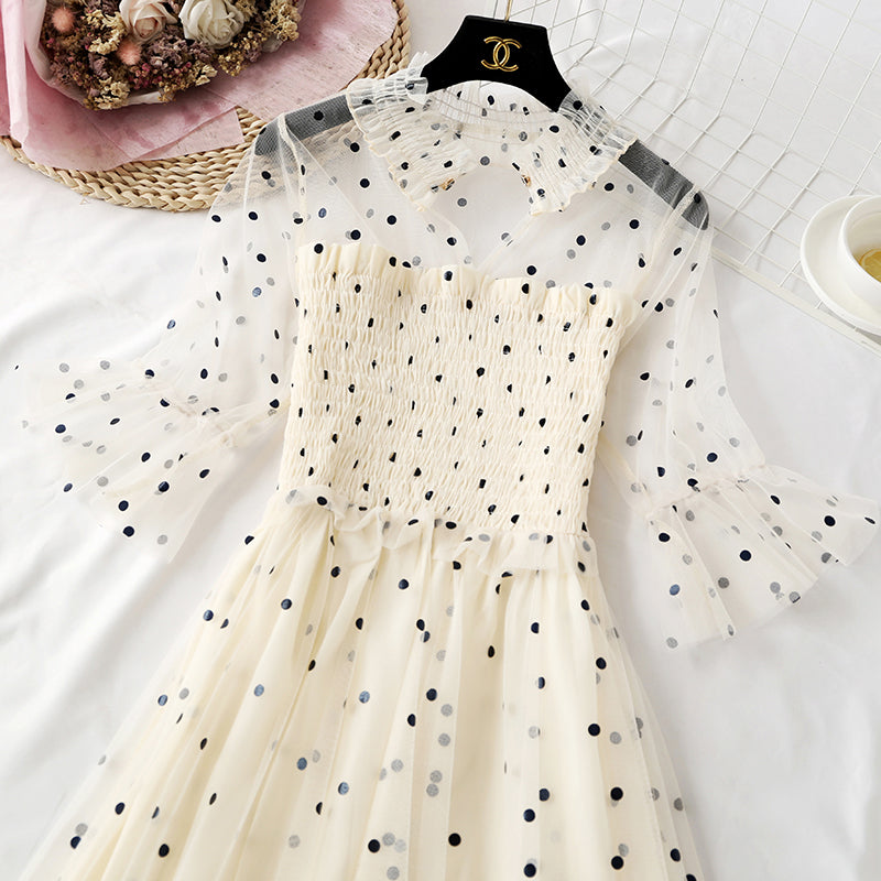Small wave dot mesh dress retro long skirt over the knee  4465