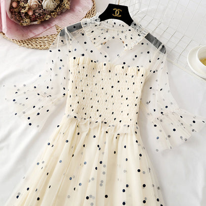 Small wave dot mesh dress retro long skirt over the knee  4465