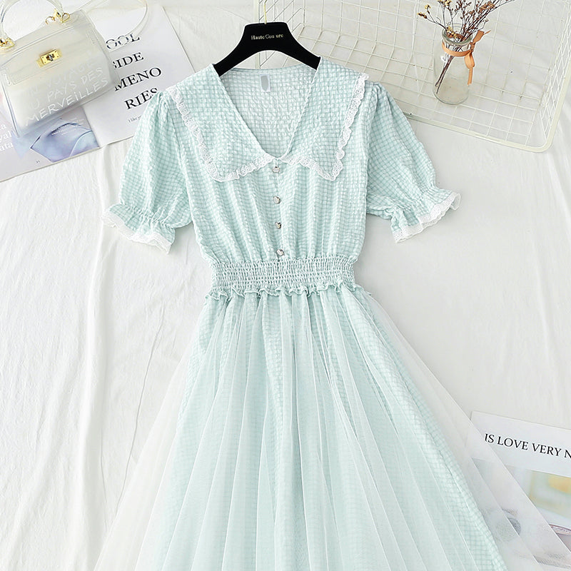 Cotton linen dress Plaid gauze fairy skirt French doll collar  4425