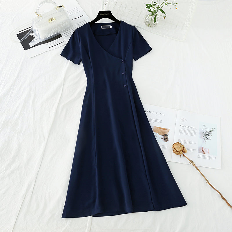 V-neck simple temperament goddess pure color cotton linen slim skirt  4204