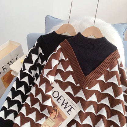Half high neck sweater female small man fake two piece design sense  4936