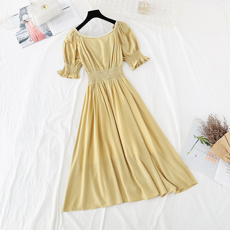 New style bubble sleeve length French retro skirt with slim waist  4695