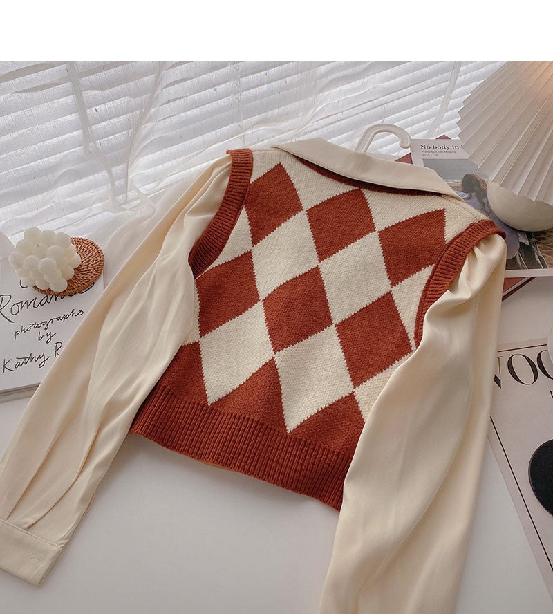Korean retro Hong Kong style knitted Plaid stitched long sleeves  6339