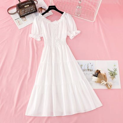 Bubble sleeve cotton linen dress lace edge French retro long skirt  4179