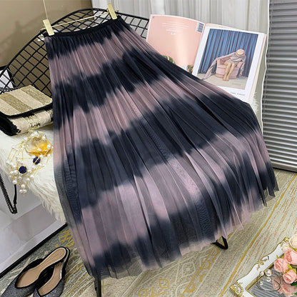 New gauze skirt, clash color stripes pleated skirt, midi vertical skirt with gradient color  3677