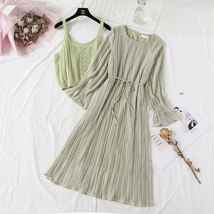 Long sleeved chiffon skirt + suspender knitted sweater vest suit  4448