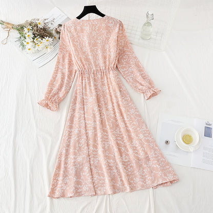 Chiffon floral dress with slim waist and gentle lady skirt  4091