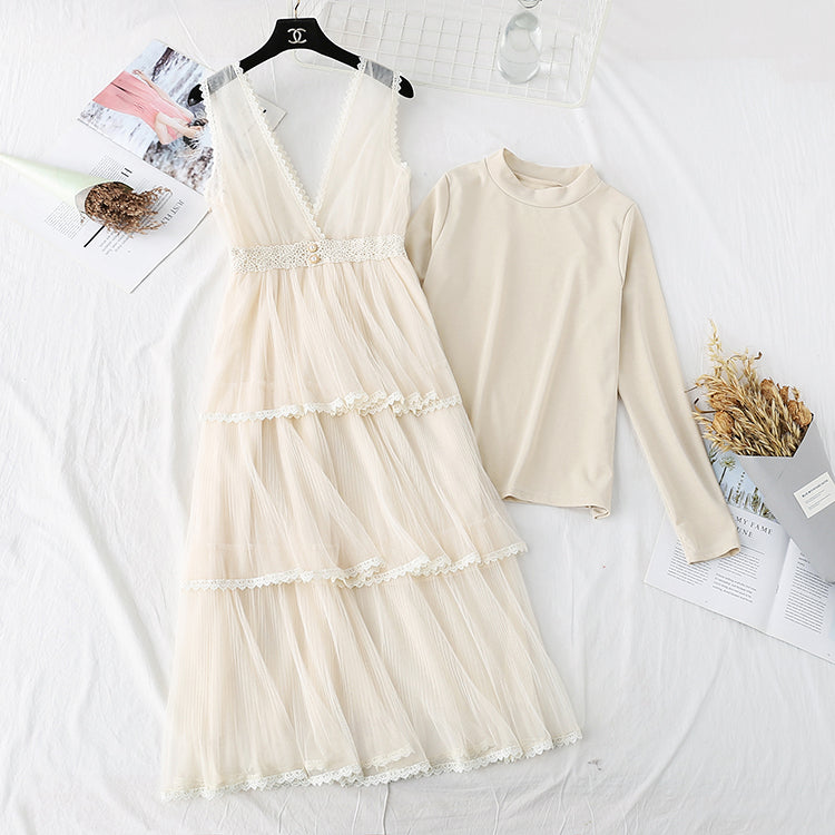 Long cake skirt knee set skirt two piece set  4490