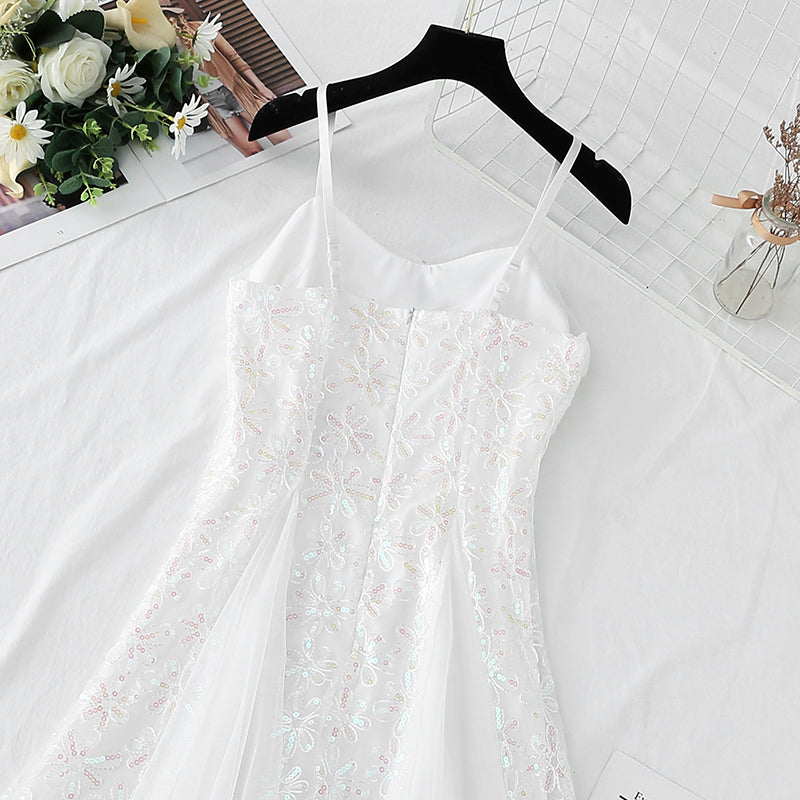 French white suspender dress mesh splicing sequins  4412