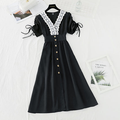 New Lace Waist closing slim bubble sleeve French retro dress  4622