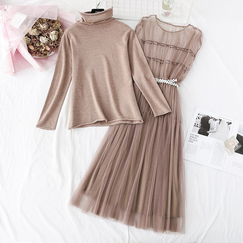 Mesh vest skirt + high neck bottomed shirt two-piece set  4376