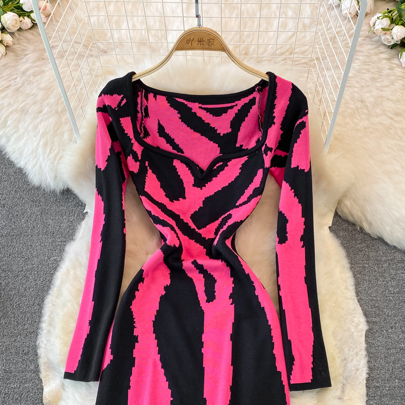 Zebra jacquard knitted square neck dress tight Hip Wrap Skirt  3760